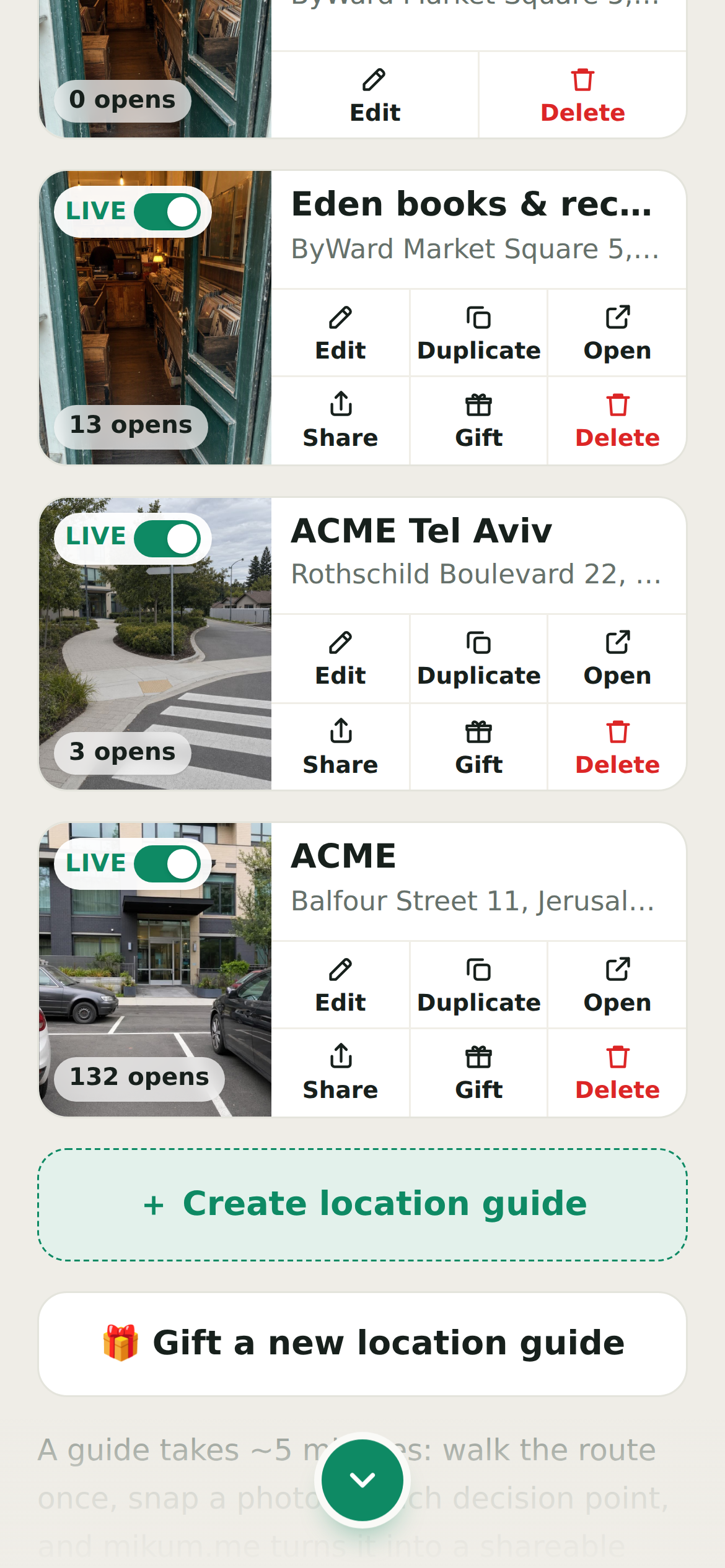 Gift a new location guide, from the dashboard.