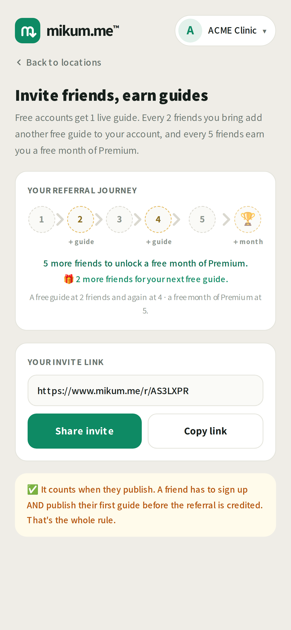 Your invite link, and how far along the rewards you are.