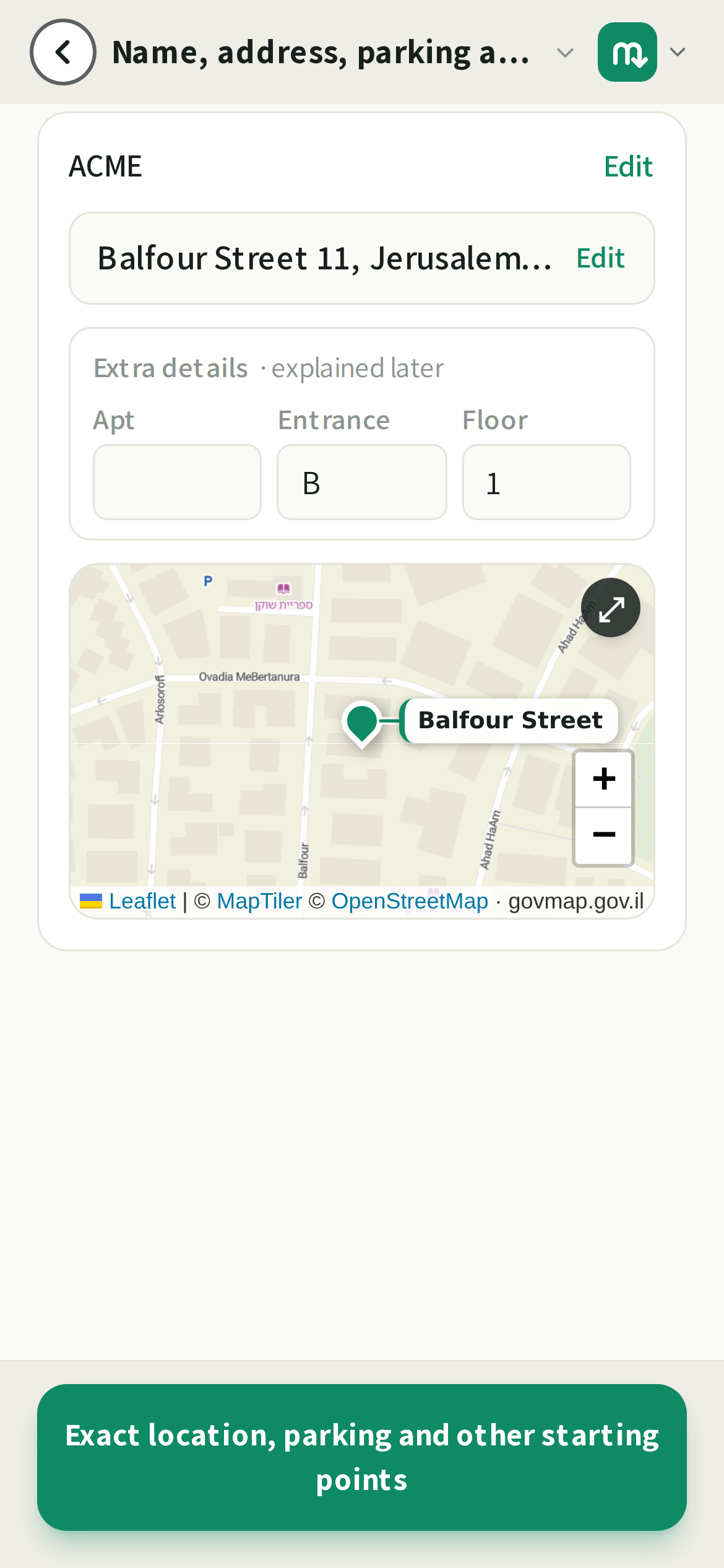 Step one: what the place is called, and the pin on the exact entrance.