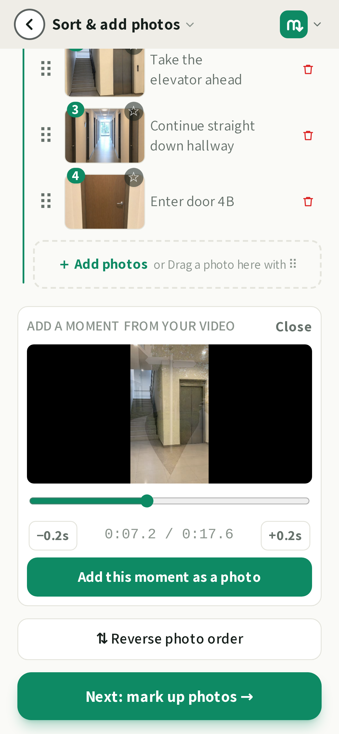 The video scrubber: drag to a moment, then add it as a photo.