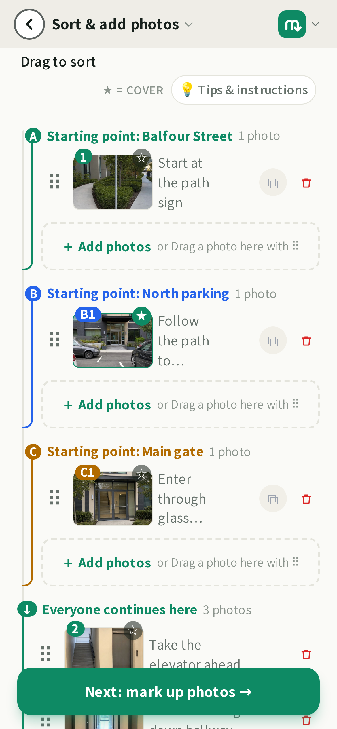 The photos list drawn as the walk: A1, A2, then the shared part.