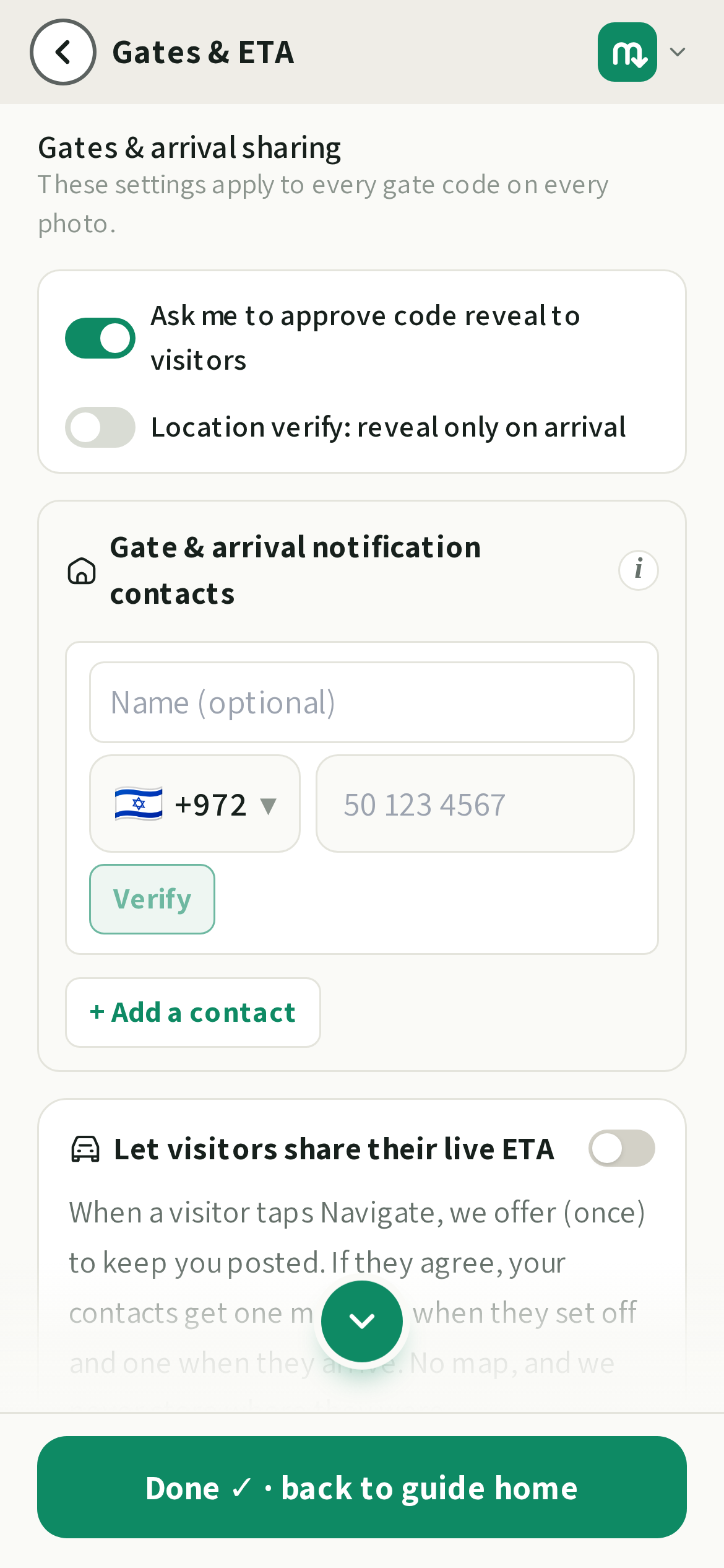 The Gates & ETA card: gate-code settings, the geofence radius, and arrival notification contacts, all in one place.