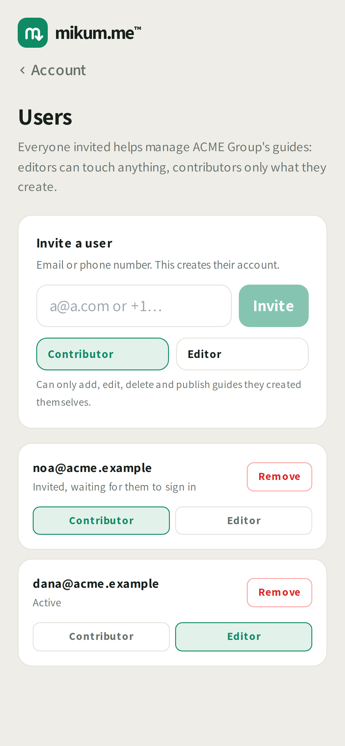 Account → Users: the invite box with the permission picker, and everyone already on the account.