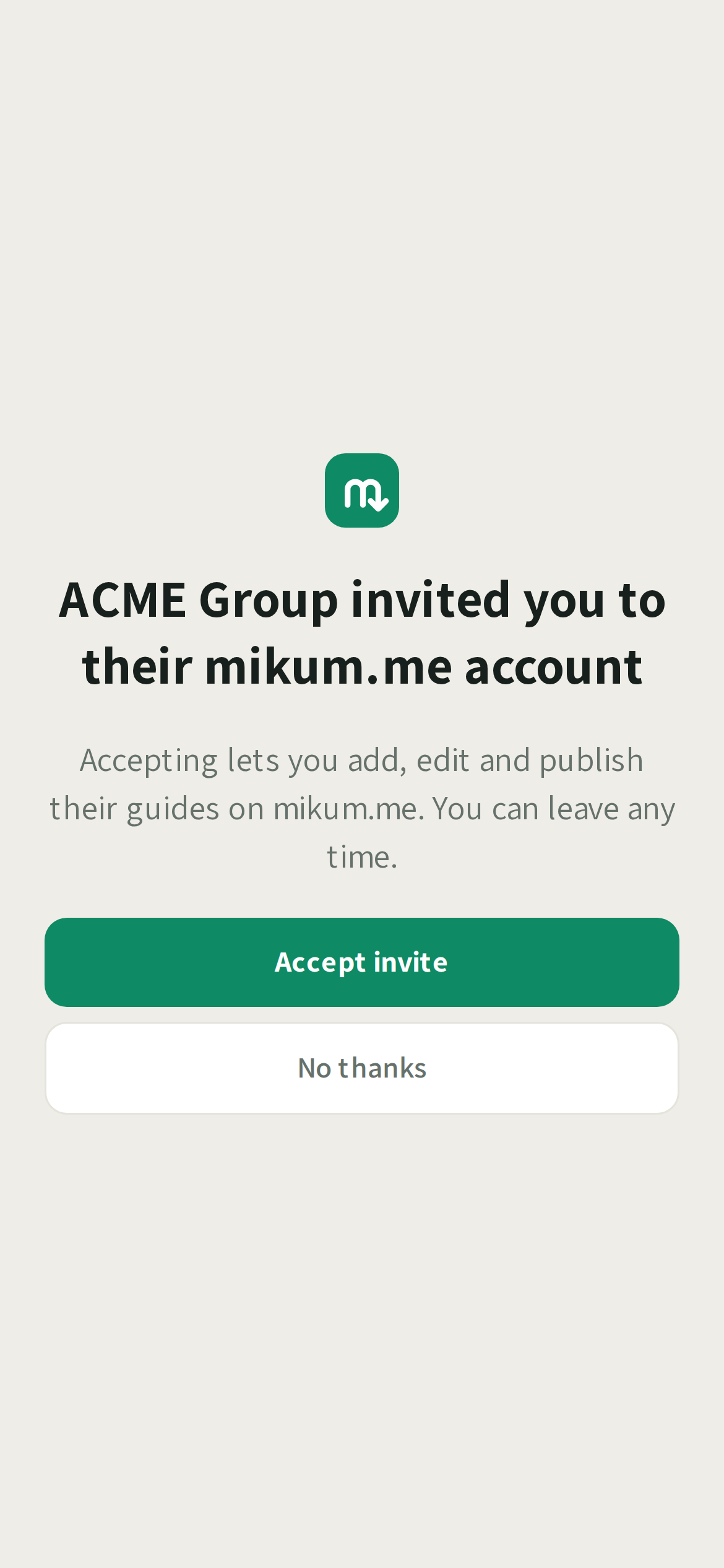 Accepting joins the account right away. "No thanks" leaves nothing behind.