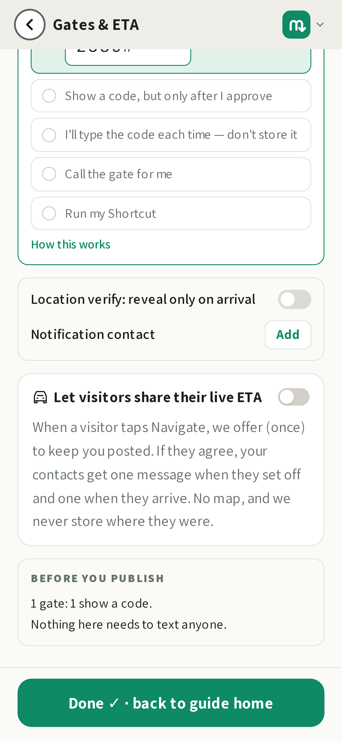 The ETA card, further down the same screen: the switch step 1 asks you to turn on, and what it does.