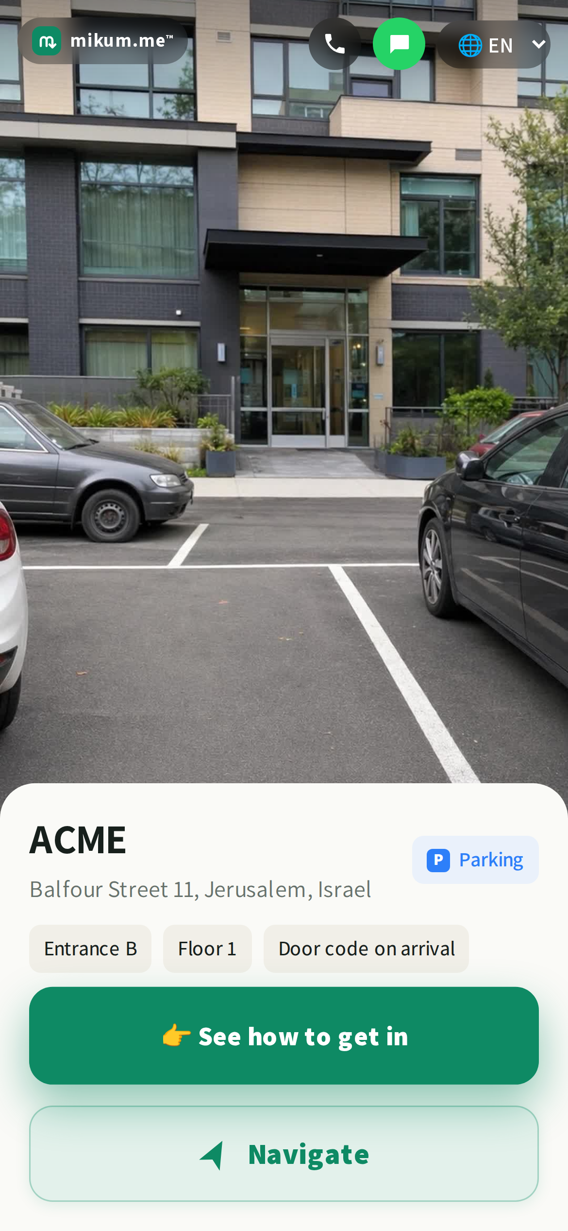 How it reaches the visitor: round call and message buttons on the cover photo.